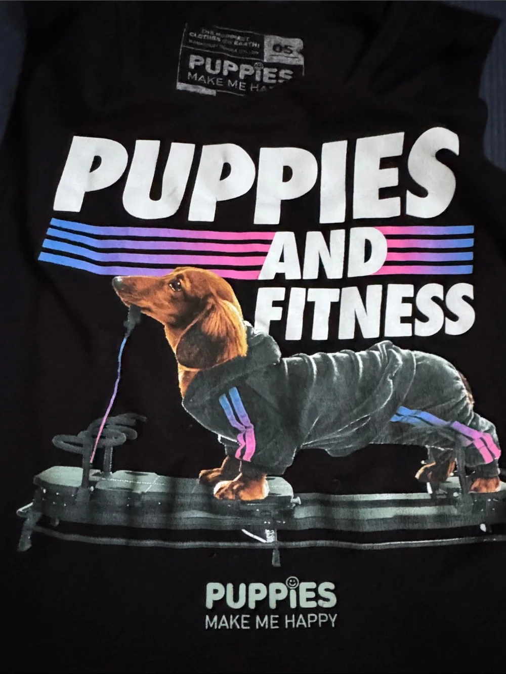 PUPPIES MAKE ME HAPPY Black Graphic Dog Tank Top with Fitness Dachshund, OS